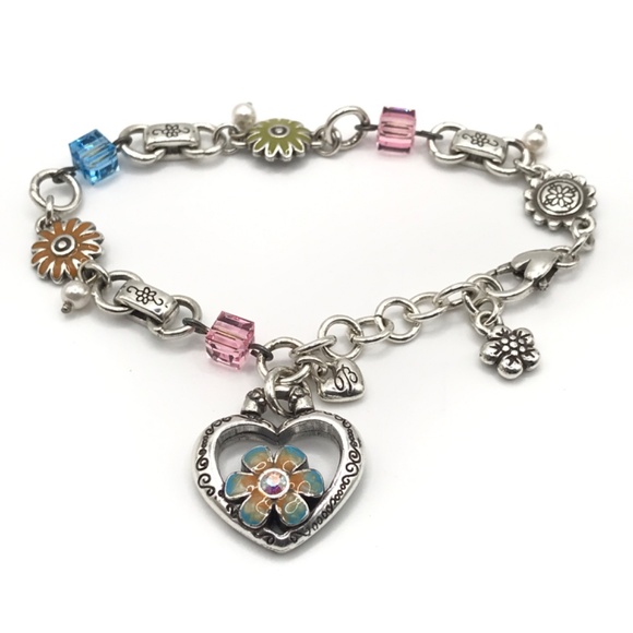 Brighton Charm Bracelet Bloom From Within Silver Plate & Enamel Heart & Flowers - Picture 2 of 10